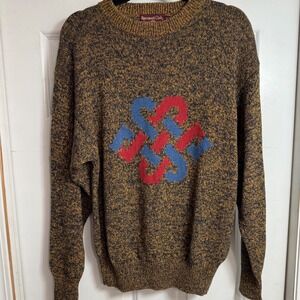 Vintage Racquet Club Mens XL Cotton Knit Sweater Brown Marl Geometric Graphic‎
